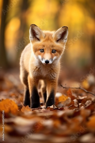 Red fox in the autumn forest. Beautiful wild animal in nature. © Rudsaphon