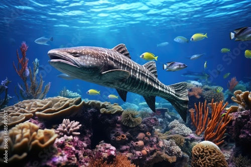 Majestic Fish Swimming Gracefully Amongst Schools of Tropical Fish Over a Rich Coral Reef, Depicting the Vastness and Diversity of Oceanic Life photo