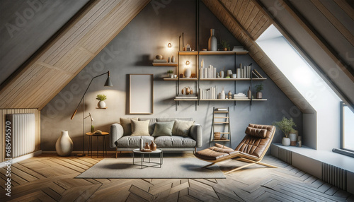 A Scandinavian home interior design of a modern living room in an attic, featuring a sofa and lounge chair against a grey wall with rustic shelves.