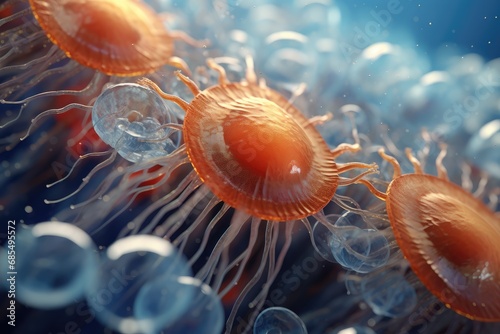 Close-Up of a Swarm of Ethereal Jellyfish with Translucent Bodies and Glowing Orange Centers, Floating Serenely in the Blue Depths of the Ocean