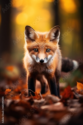 Red fox in the autumn forest. Beautiful wild animal in nature.