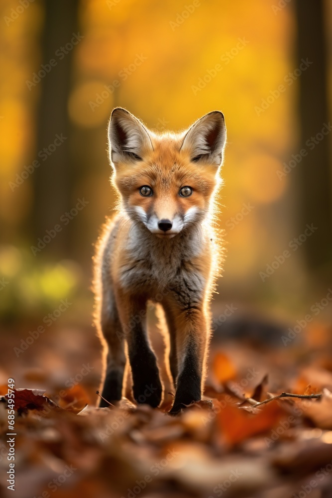 Red fox in the autumn forest. Beautiful wild animal in nature. Red fox in the autumn forest. Beautiful wild animal in nature.