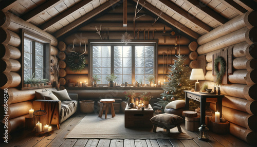 cozy cabin space in the forest, with realistic details like subtle ornaments and a Christmas