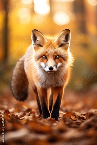 Red fox in the autumn forest. Beautiful wild animal in nature.
