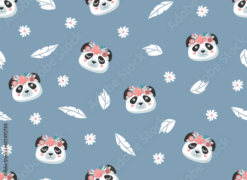 Cute panda in a flower crown seamless pattern. Suitable for printing on fabrics, paper. Vector children's illustration.
