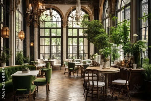Cozy posh luxurious interior design of a cafe or a bar with wooden classic parquet floor, tall ceiling, french windows, parisian look, off-white textiles, many green plants photo