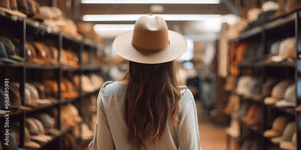 person in shop wearing A hat,Natural style hats and shirts in a boutique