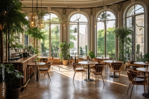 Cozy posh luxurious interior design of a cafe or a bar with wooden classic parquet floor  tall ceiling  french windows  parisian look  off-white textiles  many green plants