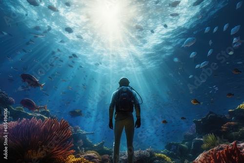 Lone Diver Silhouetted Against Sunlight in an Underwater Coral Landscape photo