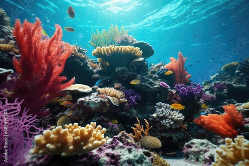 Underwater Landscape Vibrant Coral Reef Teeming with Marine Life and Sun Rays © Bryan