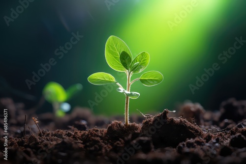 Young plant of mint sapling sprouting from the ground in sunlight