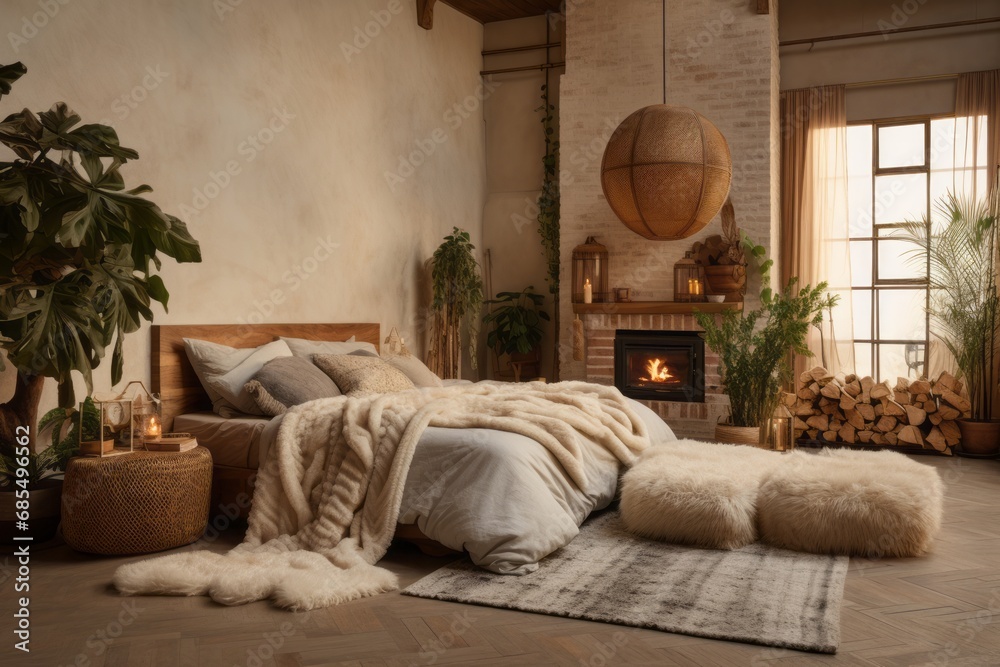 Fototapeta premium Cozy modern minimalistic scandinavian interior design of a spacious bedroom with wooden bed and classic parquet floor, huge windows, fireplace, earthly tones and beige colors in scandinavian style
