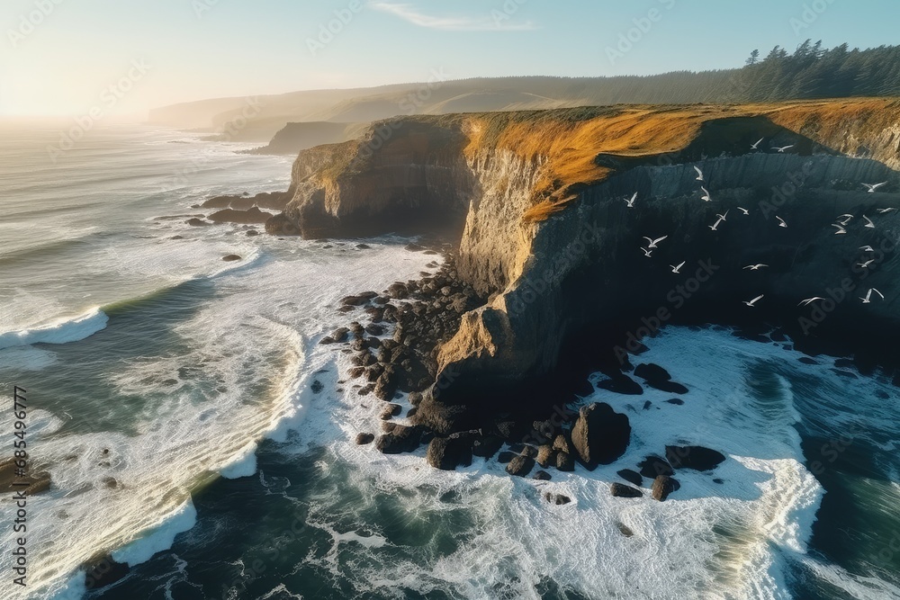 Obraz premium Rugged Coastal Cliffs with Foamy Waves Crashing Ashore at Sunset, Birds Flying at Golden Hour
