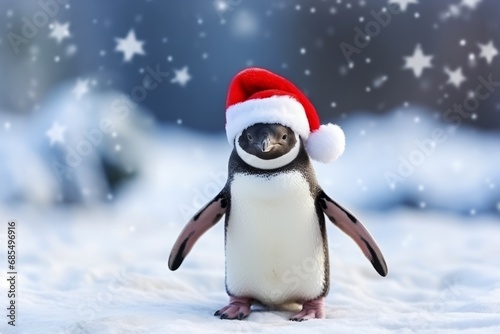 Cute Penguin Wearing Santa hat on bokeh lights background, Funny Animal in Christmas and Happy New Year background.  © thanakrit
