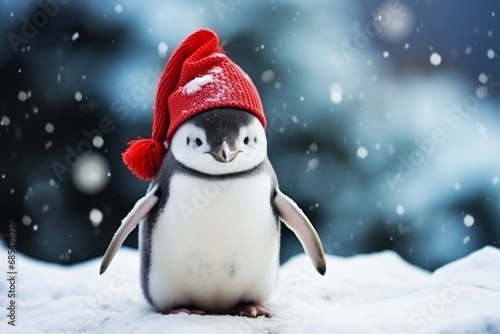 Cute Penguin Wearing Santa hat on bokeh lights background, Funny Animal in Christmas and Happy New Year background.  © thanakrit