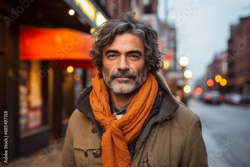 Portrait of a handsome middle-aged man with long gray hair and beard wearing a brown coat and scarf on a city street