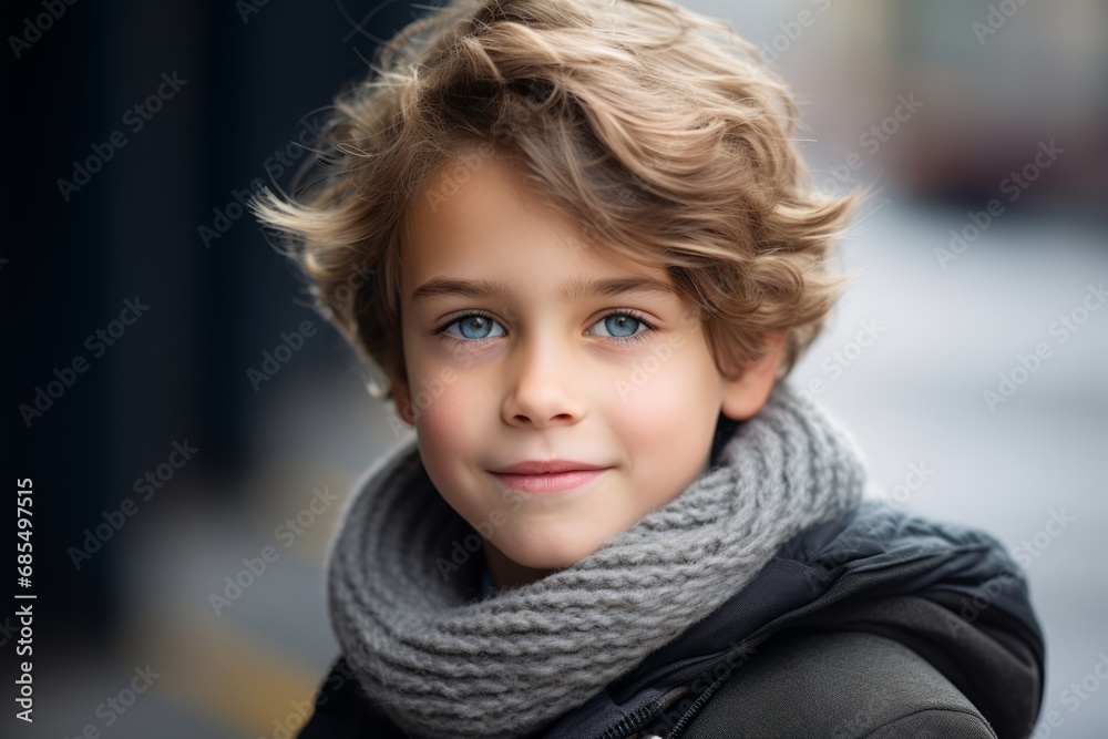 Portrait of a beautiful young boy with blue eyes and curly hair.