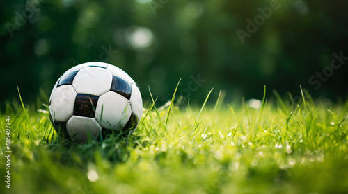 Closeup of soccer ball on green grass