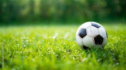 Closeup of soccer ball on green grass