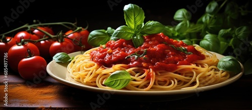 Tomato sauce on pasta.