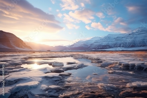 Sunset Gleam on Icy Waters: Snowy Peaks Reflected in Frozen Mountain River
