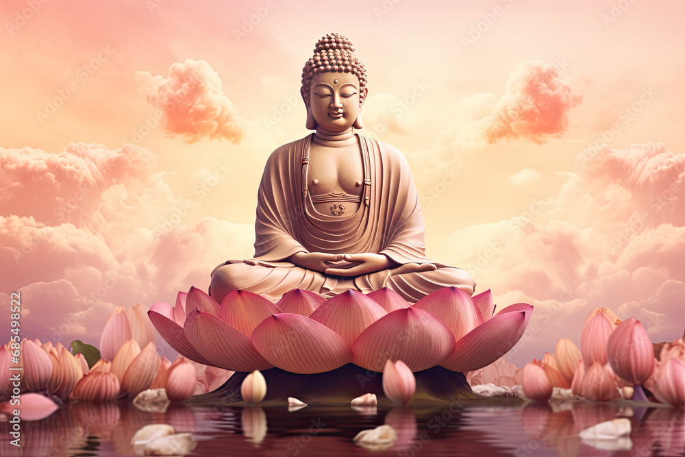 Glowing golden buddha meditating on a lotus, heaven cloud background - obrazy, fototapety, plakaty 