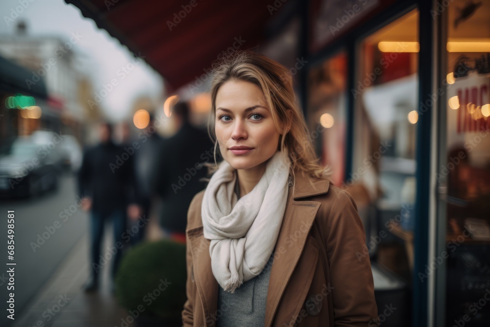 Portrait of a beautiful young woman in a beige coat on the background of a cafe.