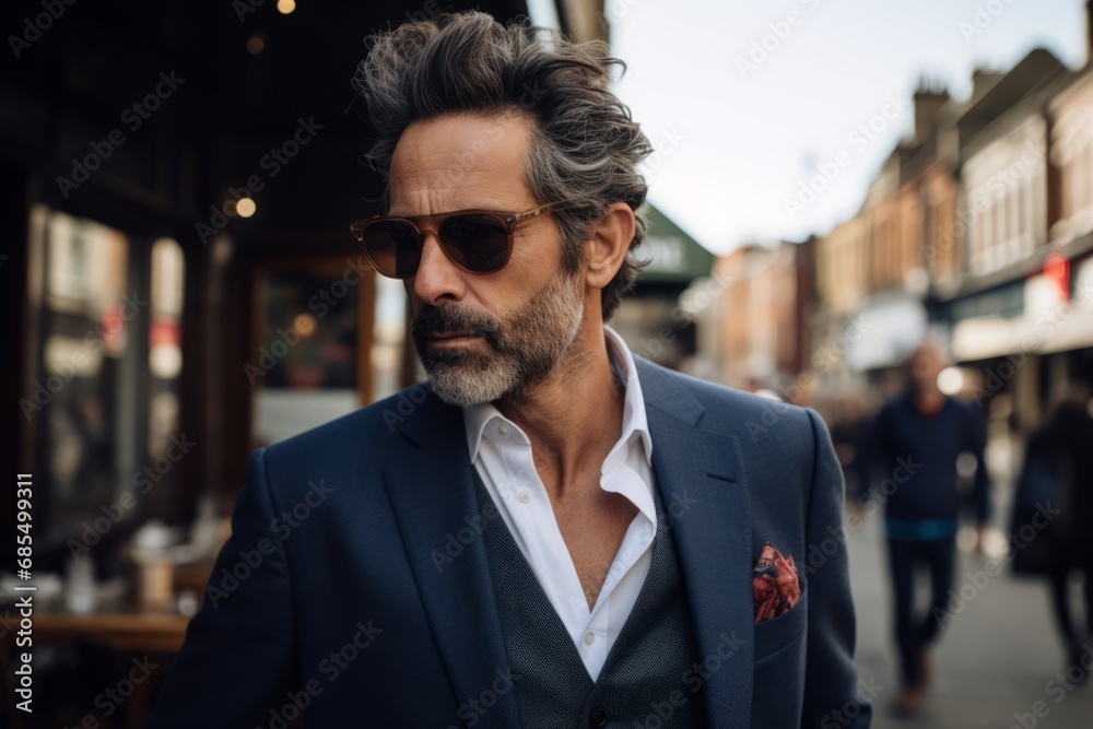 Elegant mature man in sunglasses on a city street. Men's beauty, fashion.