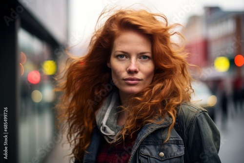 Portrait of a beautiful red-haired woman in the city.