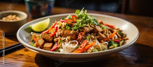 Vegan Udon with Padthai sauce, topped with tofu, vegetables, peanuts, and served with chopsticks. photo