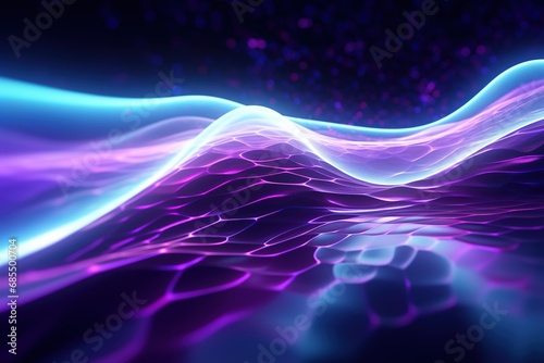 illustration of abstract background of futuristic corridor with purple and blue neon lights wave speed light