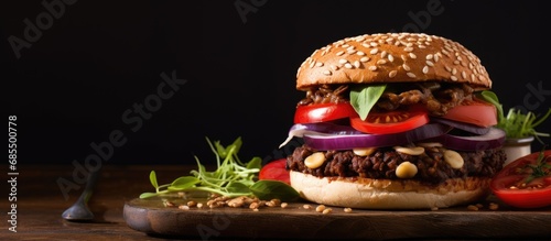 Vegan burger with pureed white beans and spicy eggplant slices