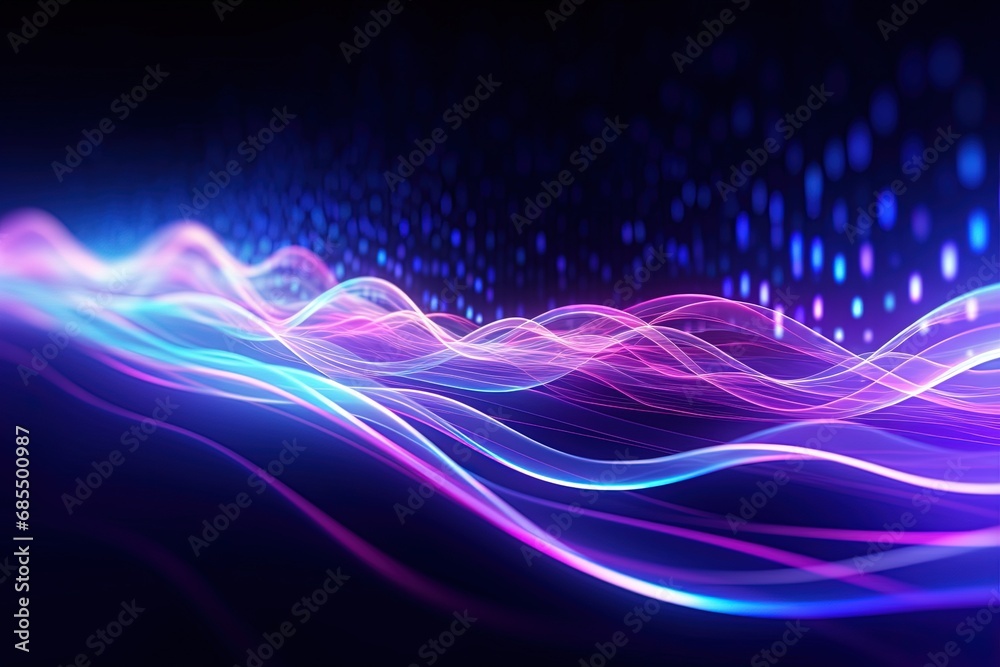 Naklejka premium illustration of abstract background of futuristic corridor with purple and blue neon lights wave speed light