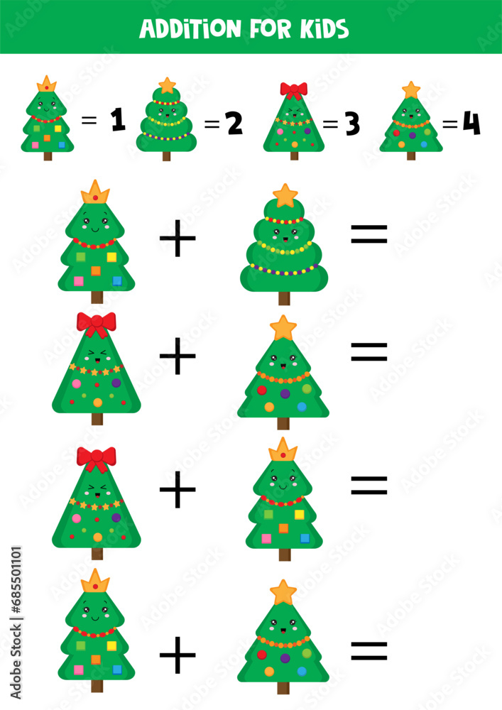 Addition for kids with different cute cartoon Christmas trees Addition for kids with different cute cartoon Christmas trees