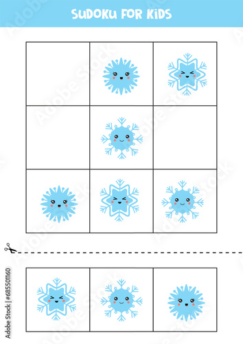 Educational Sudoku game with cute cartoon blue snowflakes.