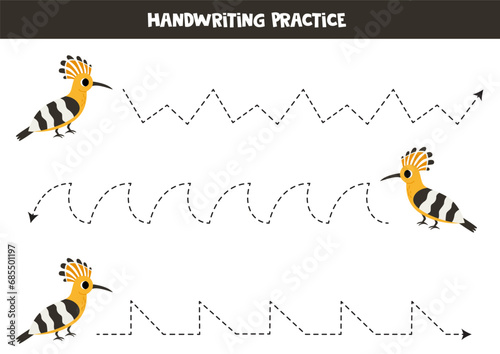 Tracing lines for kids. Cute cartoon hoopoe bird. Handwriting practice.