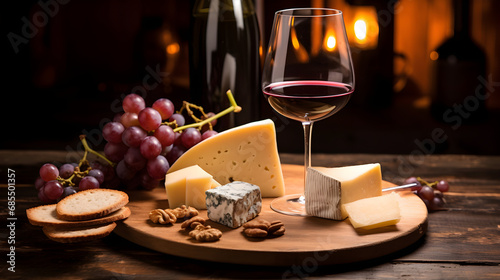 Cheese plate with wine and grapes