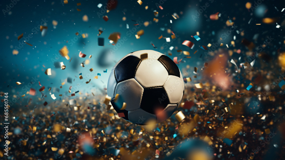Confetti celebration in soccer field background