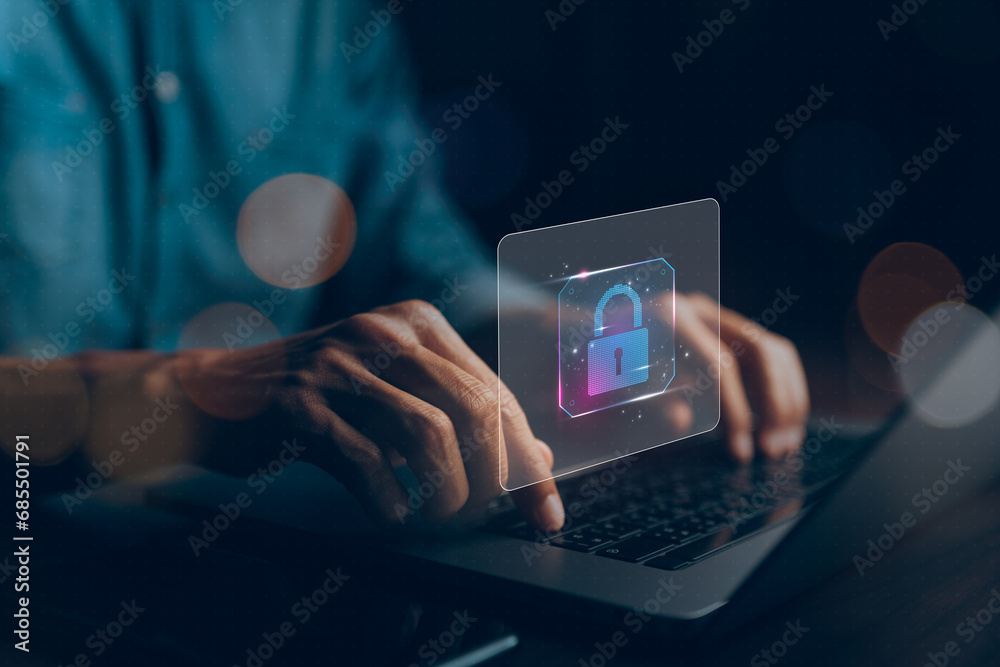 Cybersecurity and privacy concept, protect data, Lock icon and internet network security technology concept, Businessman protecting personal data on laptop, visual screen interface, cyber security. Cybersecurity and privacy concept, protect data, Lock icon and internet network security technology concept, Businessman protecting personal data on laptop, visual screen interface, cyber security.