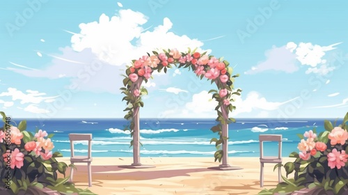 Beach wedding arch and decoration on seaside parallax Ai Generative photo