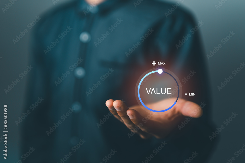 Growth value, Businessman holding virtual process icon progress for increasing value added to business product and service concept, financial and business management. - obrazy, fototapety, plakaty 