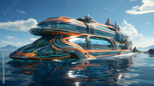 A Stylish Robot Cruise Ship Yacht Embarking on a Scenic Tour Through the Vast Ocean on a Relaxing Vacation photo