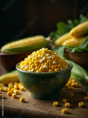 Fresh corn kernels in bowl close-up, with corn cobs scattered around. Generative AI.