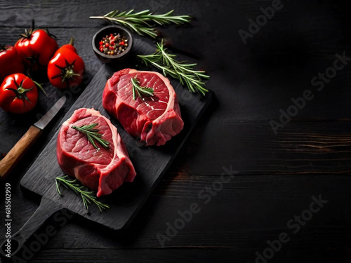 Two fresh red meat steaks, spices, herbs, culinary seasonings, on black wooden board.Generative AI.