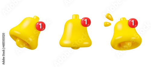 Yellow bell vector 3d icon. Notification icons set with red bubble and number, isolated on white background. Social media new message concept