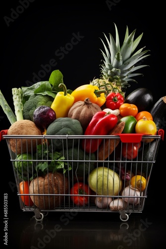 A grocery cart filled with fresh fruits and vegetables. Concept of proper nutrition, healthy eating, and a balanced vegetarian or vegan diet.