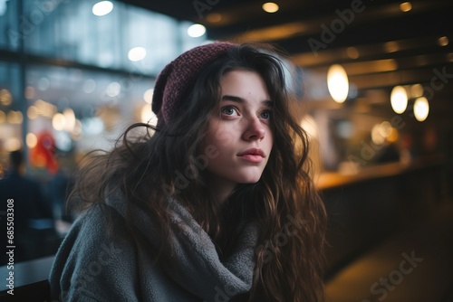Portrait of a beautiful girl in a hat and coat in a cafe. © Nerea