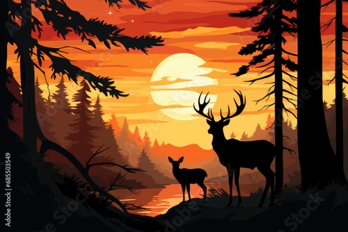 Illustration of a silhouette of a deer family in the forest at sunset © Lubos Chlubny