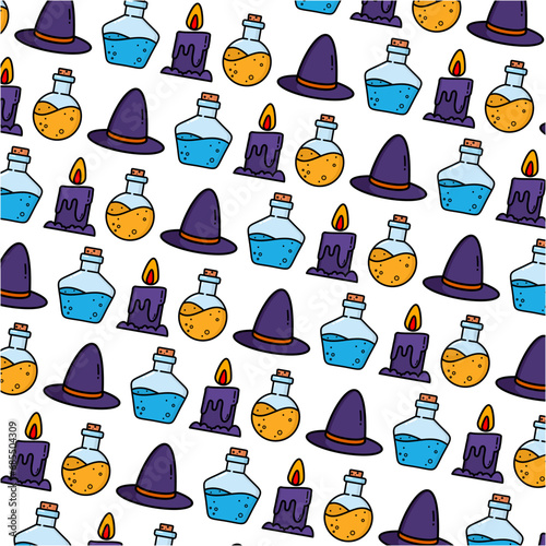 A seamless pattern of witches hats and potion bottles perfect for Halloween-themed designs, party decorations, stationery, and textile prints. Ideal for adding a spooky touch to various products.