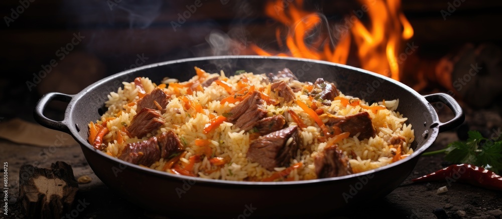 Traditional Central Asian dish Uzbek plov, made with rice, meat, carrots, and onions, is being cooked in a large kazan in Tashkent, Uzbekistan.